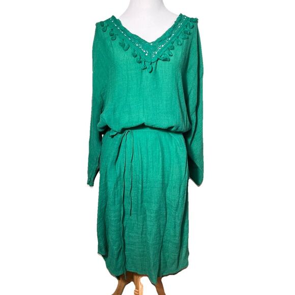 Mlle Gabrielle Green Boho Tassel Dress 2X Retro Beach Cover Up Sheer Belted  - Picture 1 of 7